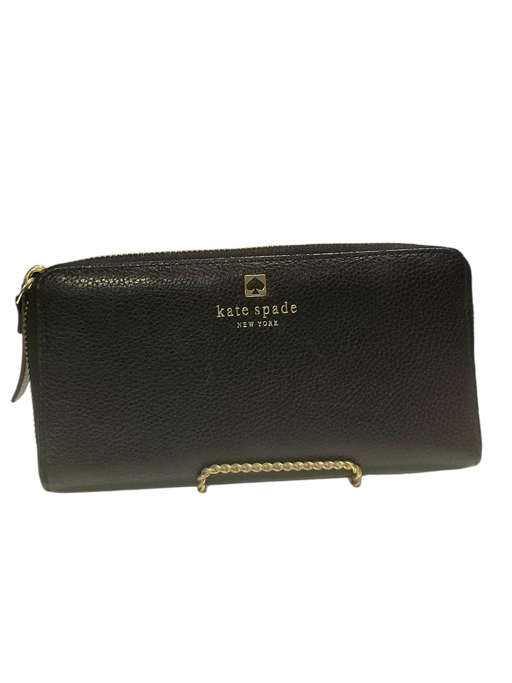 kate spade Black Pebbled Leather Zip-Around Wallet with Gold Logo